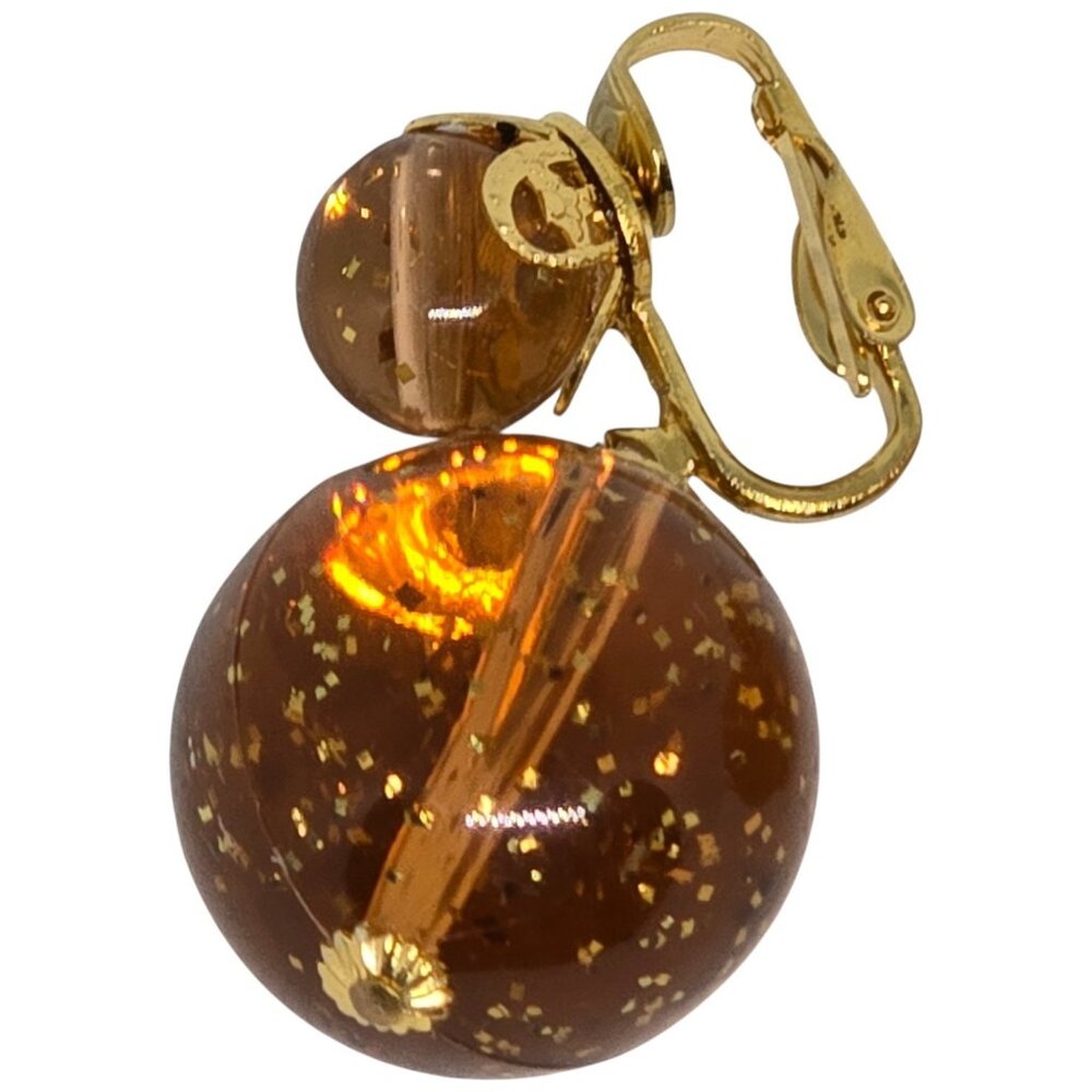Fashion Brown Amber Gold Glitter Ball Clip On Drop Dangle Earrings Statement - Picture 2 of 5